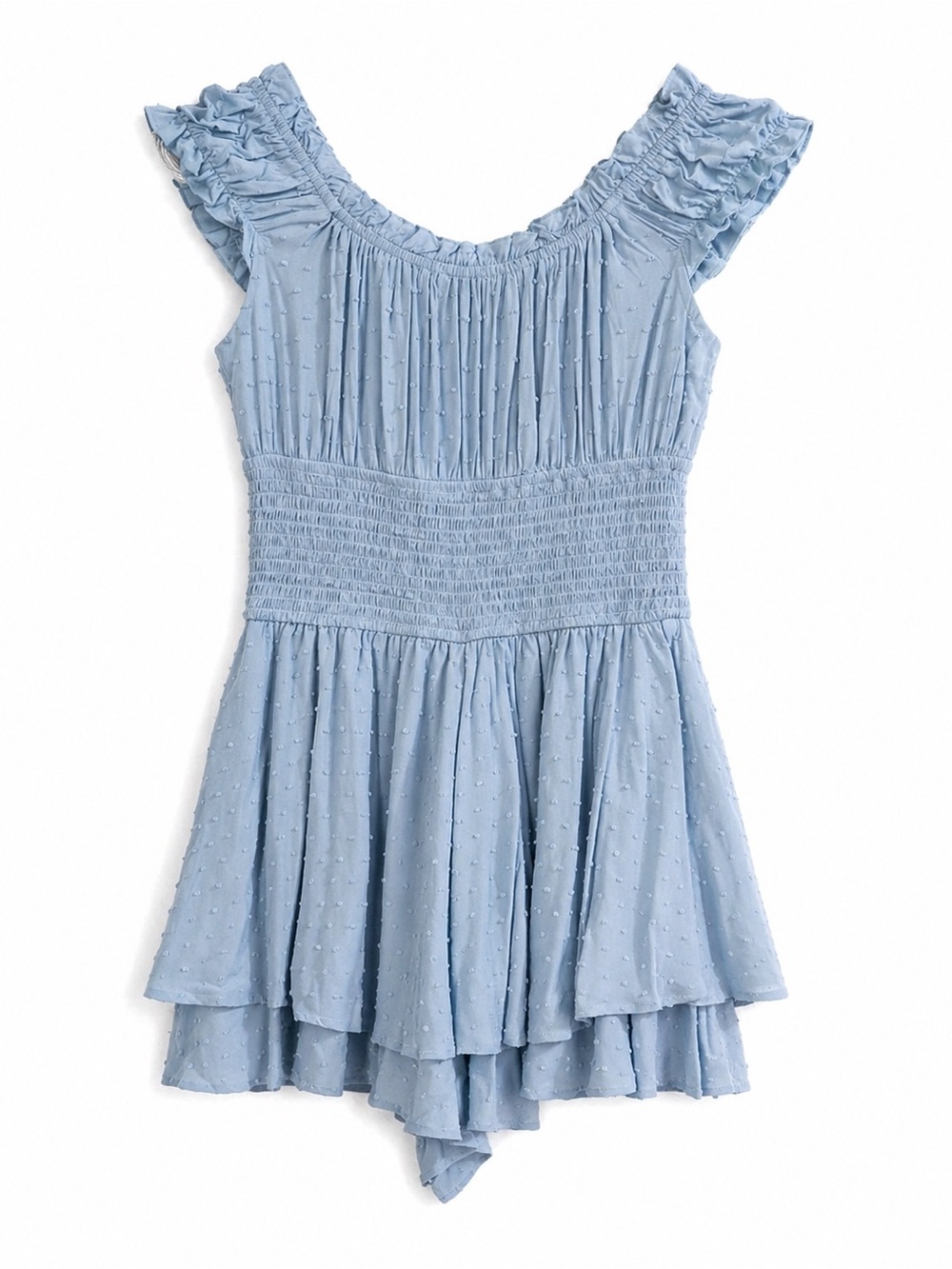 Blue Smocked Ruffle Strap Romper Dress skort Cottagecore Boho Textured Size M - Picture 2 of 7